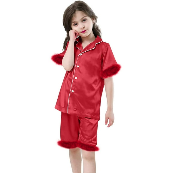 Toimothcn Toddler Infant Girls Pajamas Short Sleeve Simple Solid Color Satin Pajama Shirts Shorts 2Pcs Pjs Outfit Sets Soft Loose Fit Nightwear Clothes Sets Lovely Girl's Sleepwear