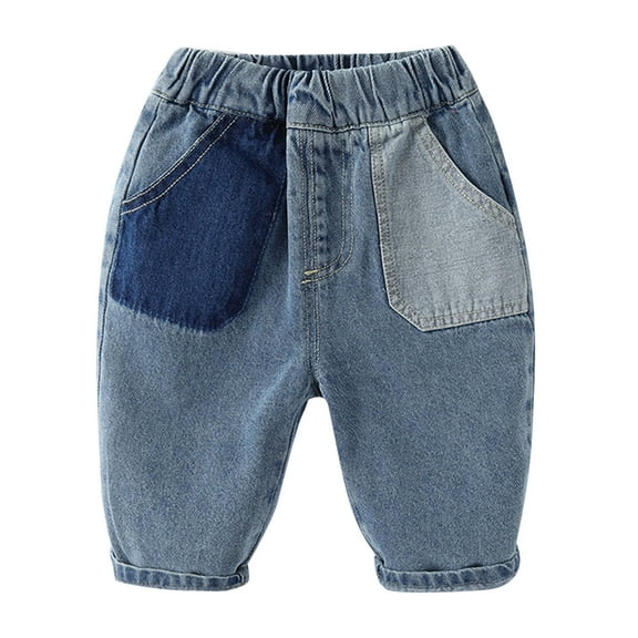Toimothcn Toddler Kids Baby Boys Girls Patchwork Jeans Wide Leg Casual Loose Fit Elastic Waist Washed Trousers With Pockets Comfy Kids Dailywear