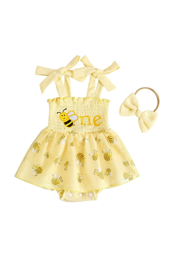 Toddler Kids Girls Outfit Set Sleeveless Cute Cartoon Bee Printed Mesh Tulle Dress With Hairbands 2Pcs Outfit Sets Breathable Loose Fit Clothes Sets Suitable For Dailywear