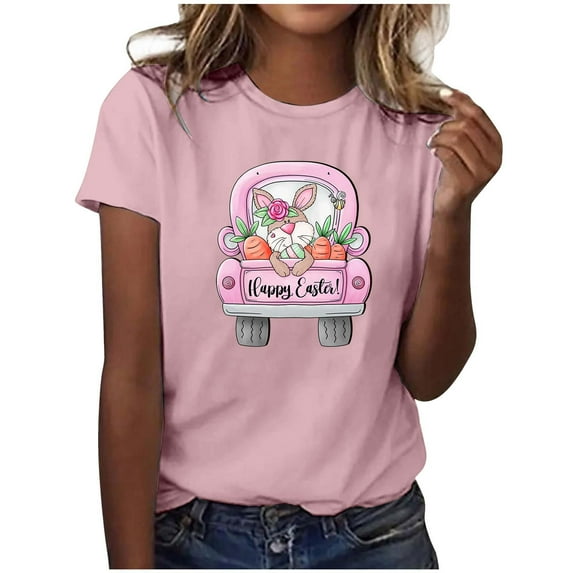 Toimothcn Women's T-Shirts Happy Easter Cute Cartoon Bunny Printed Short Sleeve T Shirts Soft Loose Comfortable Shirt Tops Comfy Women Easter Clothing