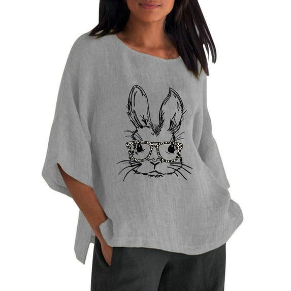 Toimothcn Women's Tee Shirt Happy Easter Cute Cartoon Bunny Printed 3/4 Sleeve T Shirts Soft Loose Comfortable Shirt Tops Comfy Women Easter Clothing