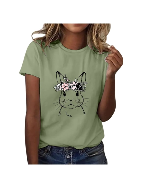 Women's Tee Shirt Happy Easter Cute Cartoon Bunny Printed Short Sleeve T Shirts Soft Loose Comfortable Shirt Tops Comfy Women Easter Clothing