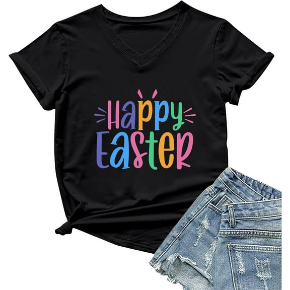 Toimothcn Women's Tee Shirt Happy Easter Letter Printed Short Sleeve T Shirts Soft Loose Comfortable Shirt Tops Comfy Women Easter Clothing