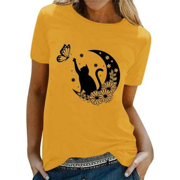 Toimothcn Women's Tee Shirts Cute Cartoon Cat Printed T-Shirts For Women Crew Neck Short Sleeve Breathable Loose Fit Tee Shirt Tops Comfy Womens Clothing