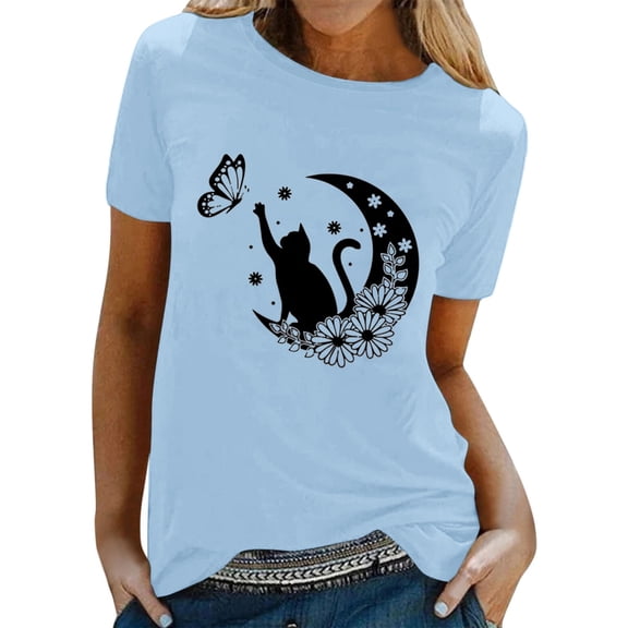 Toimothcn Womens T Shirts Cute Cartoon Cat Printed T-Shirts For Women Crew Neck Short Sleeve Breathable Loose Fit Tee Shirt Tops Comfy Girls Back To School Clothes