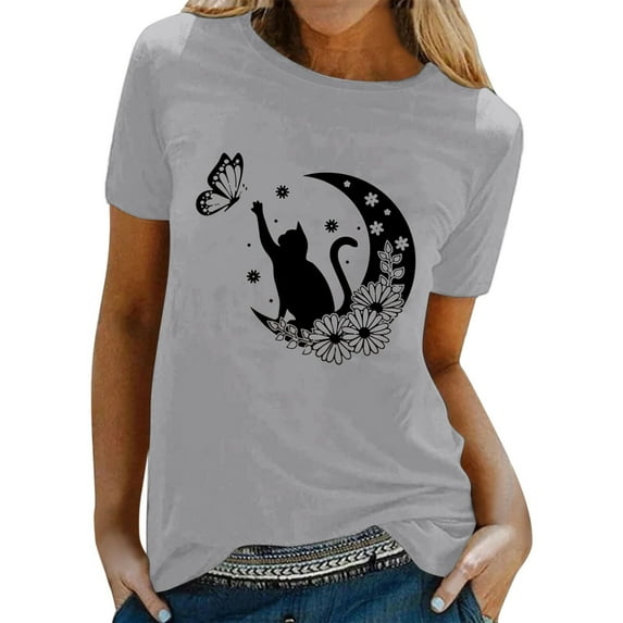 Toimothcn Womens Tee Shirts Cute Cartoon Cat Printed T-Shirts For Women Crew Neck Short Sleeve Breathable Loose Fit Tee Shirt Tops Comfy Womens Clothing