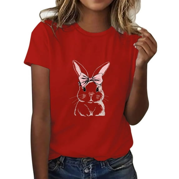 Toimothcn Womens Tees Happy Easter Cute Cartoon Bunny Printed Short Sleeve T Shirts Soft Loose Comfortable Shirt Tops Suitable For Dailywear