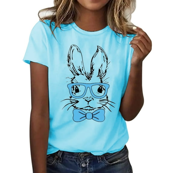 Toimothcn Womens Tees Happy Easter Cute Cartoon Bunny Printed Short Sleeve T Shirts Soft Loose Comfortable Shirt Tops Suitable For Dailywear