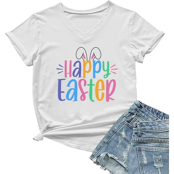 Toimothcn Womens Tees Happy Easter Letter Printed Short Sleeve T Shirts Soft Loose Comfortable Shirt Tops Suitable For Dailywear