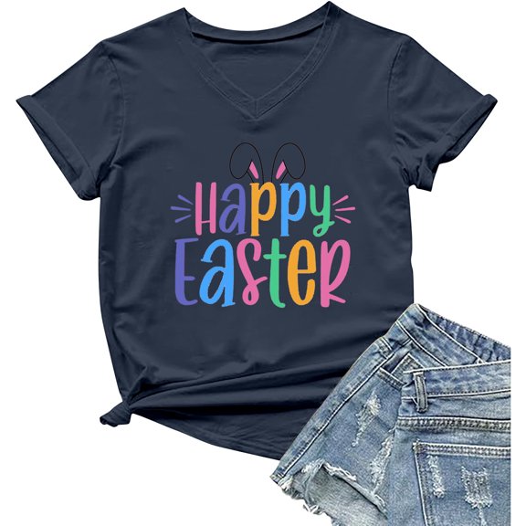 Toimothcn Womens Tshirts Happy Easter Letter Printed Short Sleeve T Shirts Soft Loose Comfortable Shirt Tops Suitable For Dailywear