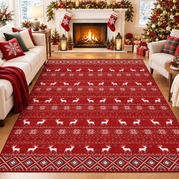 Toiyjofe 5' x 7' Christmas Area Rug, Red Reindeer Snowflake Washable Non-Slip Holiday Carpet for Living Room, Bedroom, Dining Room and Indoor Use