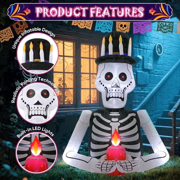 Toiyjofe 6.3FT Halloween Inflatable Skeleton with Candle & LED Lights Spooky Blow Up Yard Decoration for Outdoor Halloween Party or Day of the Dead Theme