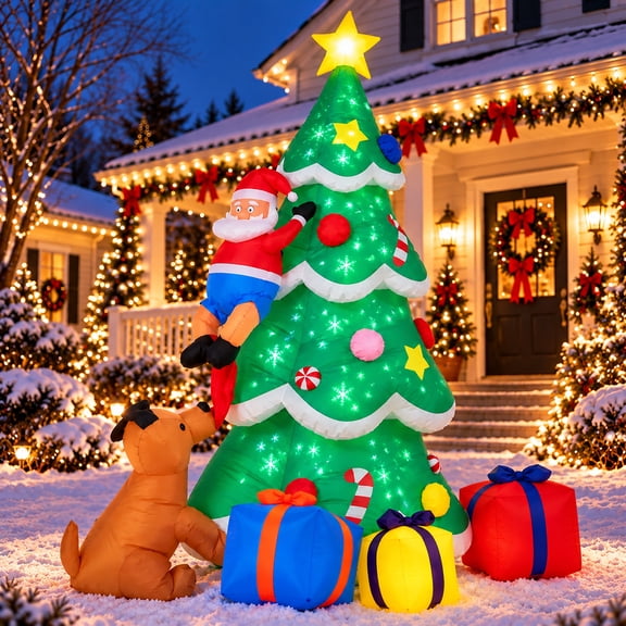 Toiyjofe 7 ft Christmas Inflatable Tree with Santa, Dog & Rotating Snowflake Projector, LED Yard Decoration for Outdoor Lawn, Porch & Holiday Display