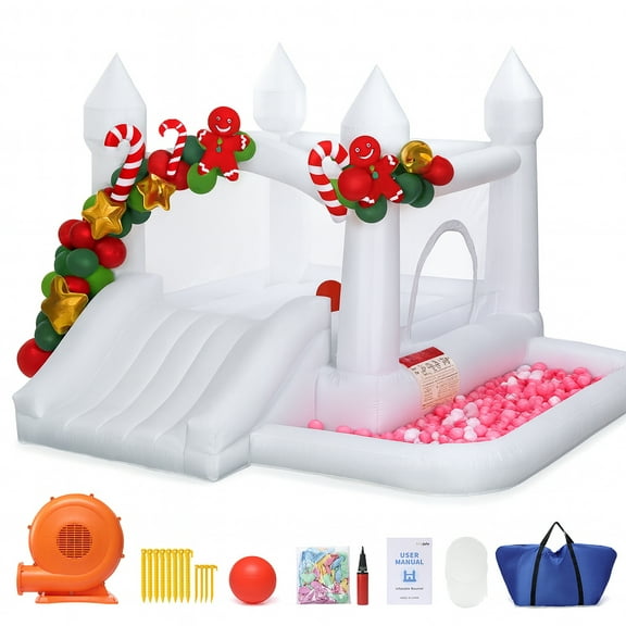 Toiyjofe White Inflatable Bounce House with Slide & Ball Pit, 400W Blower, Wedding & Party Kids Bouncy Castle for Holiday & Christmas Gift Idea