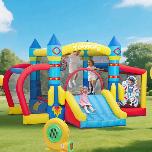 Toiyjofe Inflatable Bounce House with Slide, 7-in-1 Rocket Bouncer with Ball Pit, Blower, Basketball Hoop & Soccer Goal, Kids Jumping Castle for Backyard Outdoor Ages 3-8