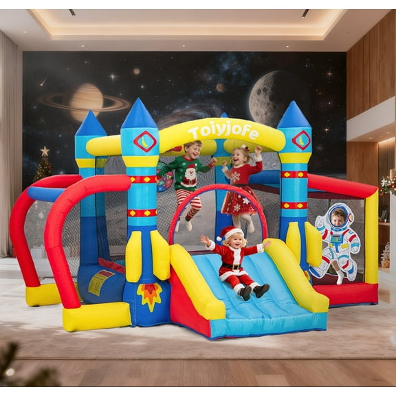 Toiyjofe Inflatable Bounce House Rocket Theme 7-in-1 Play Center with Slide and Ball Pit for Kids Ages 3-6, Indoor & Outdoor Play