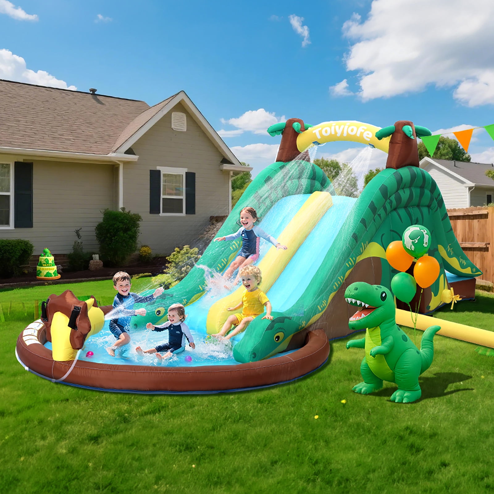 Toiyjofe Dinosaur Inflatable Water Slide for Kids, 19FT Long, Dual Slides with Splash Pool, Climbing Wall & GFCI Blower, Outdoor Backyard Water Park