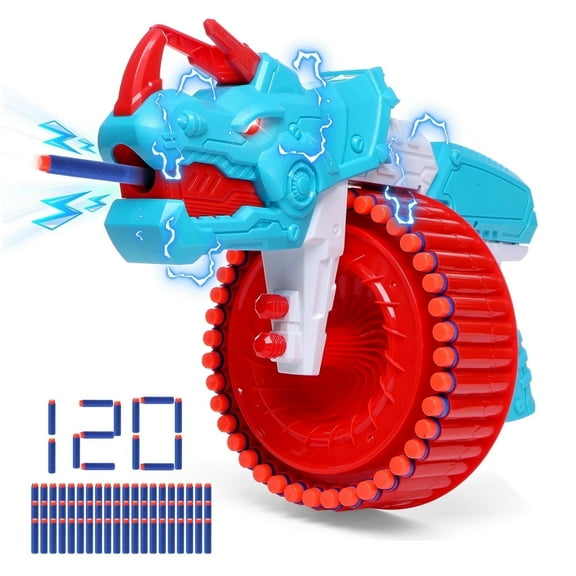 Toiyjofe Triceratops Dinosaur Foam Dart Blaster Toy with 40-Dart Drum & 120 Soft Darts (Gift Box), Kids Blaster Toy for Ages 8–12, Outdoor Adventure Play