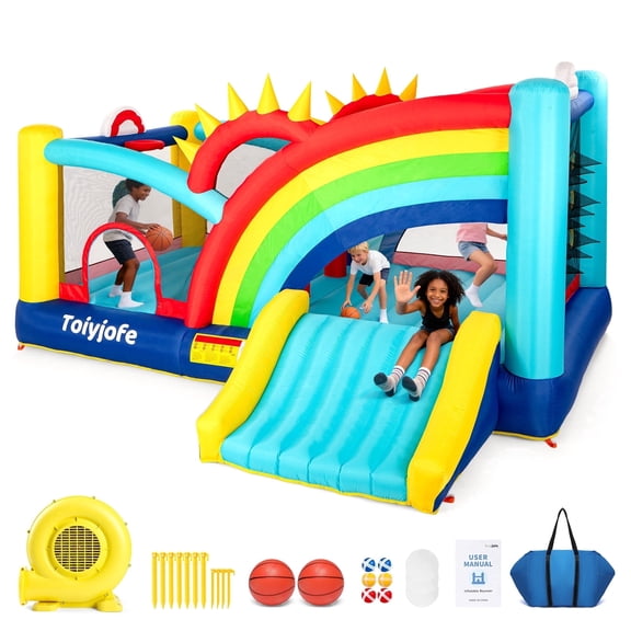 Toiyjofe 16FT Rainbow Bounce House for Big Kids Ages 812, Large Outdoor Backyard Party Inflatable with Slide & Games, Fits 6 Kids, 680W Blower Included
