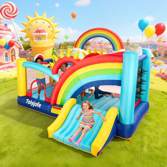 Toiyjofe Rainbow Inflatable Bounce House with Slide for Kids Ages 312, Sun-Themed Bouncy Castle