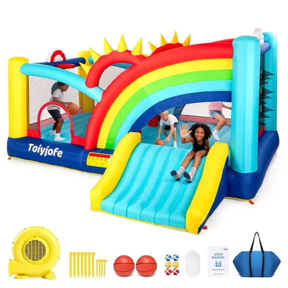 Toiyjofe 16FT Large Rainbow Bounce House for Big Kids Ages 3–12, Outdoor Backyard Party Inflatable Bouncer with Slide & Games, Fits 6 Children, 680W Blower Included