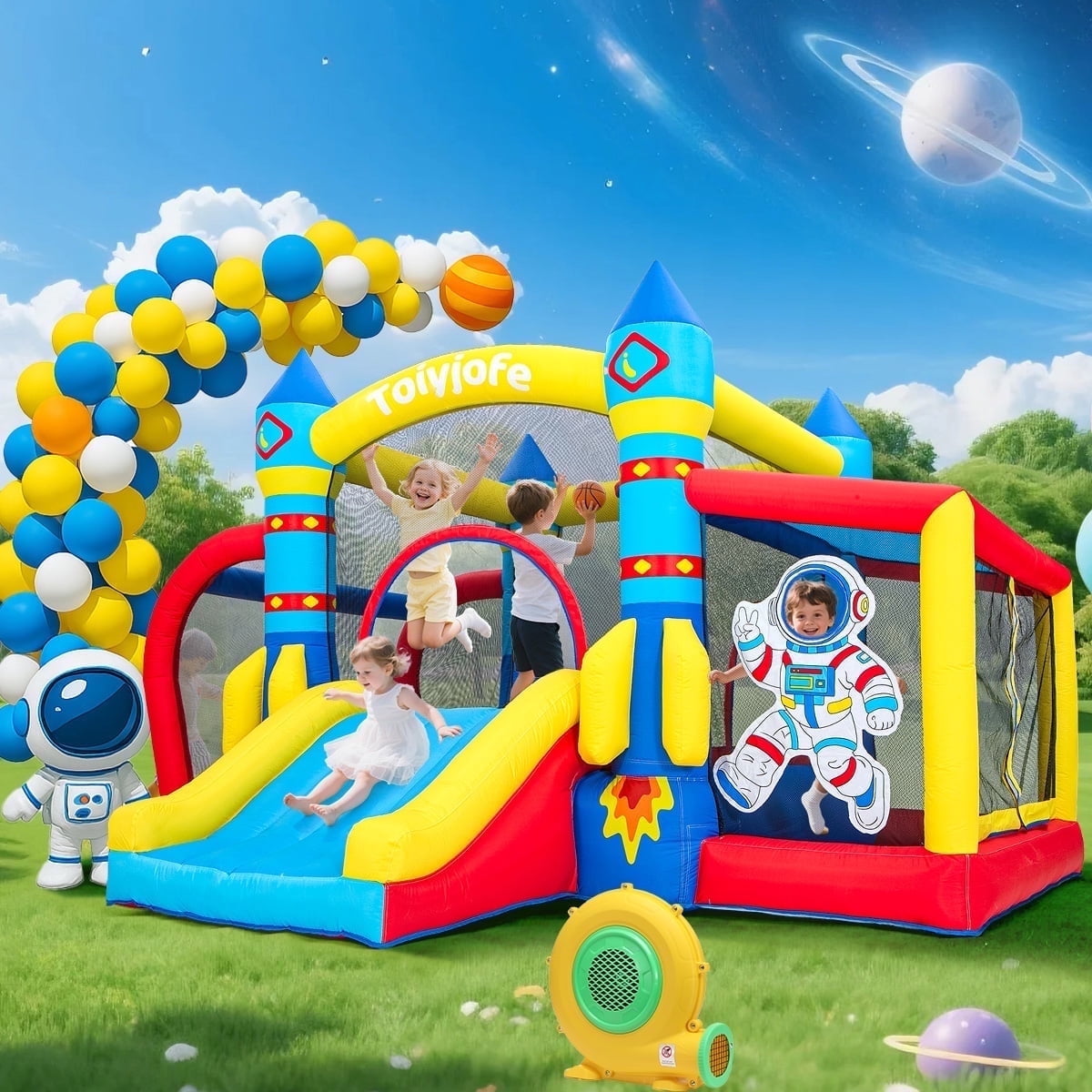 Toiyjofe Space Walk Bounce House with Blower for Kids 3-6 , Rocket Bouncer with Slide, Ball Pit, Toldder Play Bounce Castle for Indoor and Outdoor
