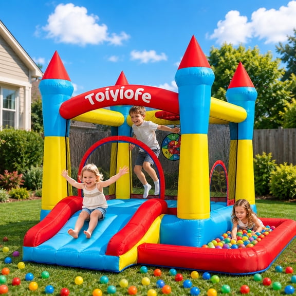 Toiyjofe Toddler Bounce House with Slide & Ball Pit, 9 x 8.5 ft Inflatable Bounce Castle with Blower, Indoor Outdoor Jumper for Kids Ages 3-6