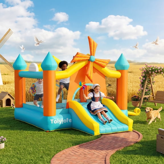 Toiyjofe Windmill-Themed Bounce House with Slide, 12.5 x 10 ft Inflatable Play Center for Kids Ages 310, Indoor Outdoor Backyard Fun