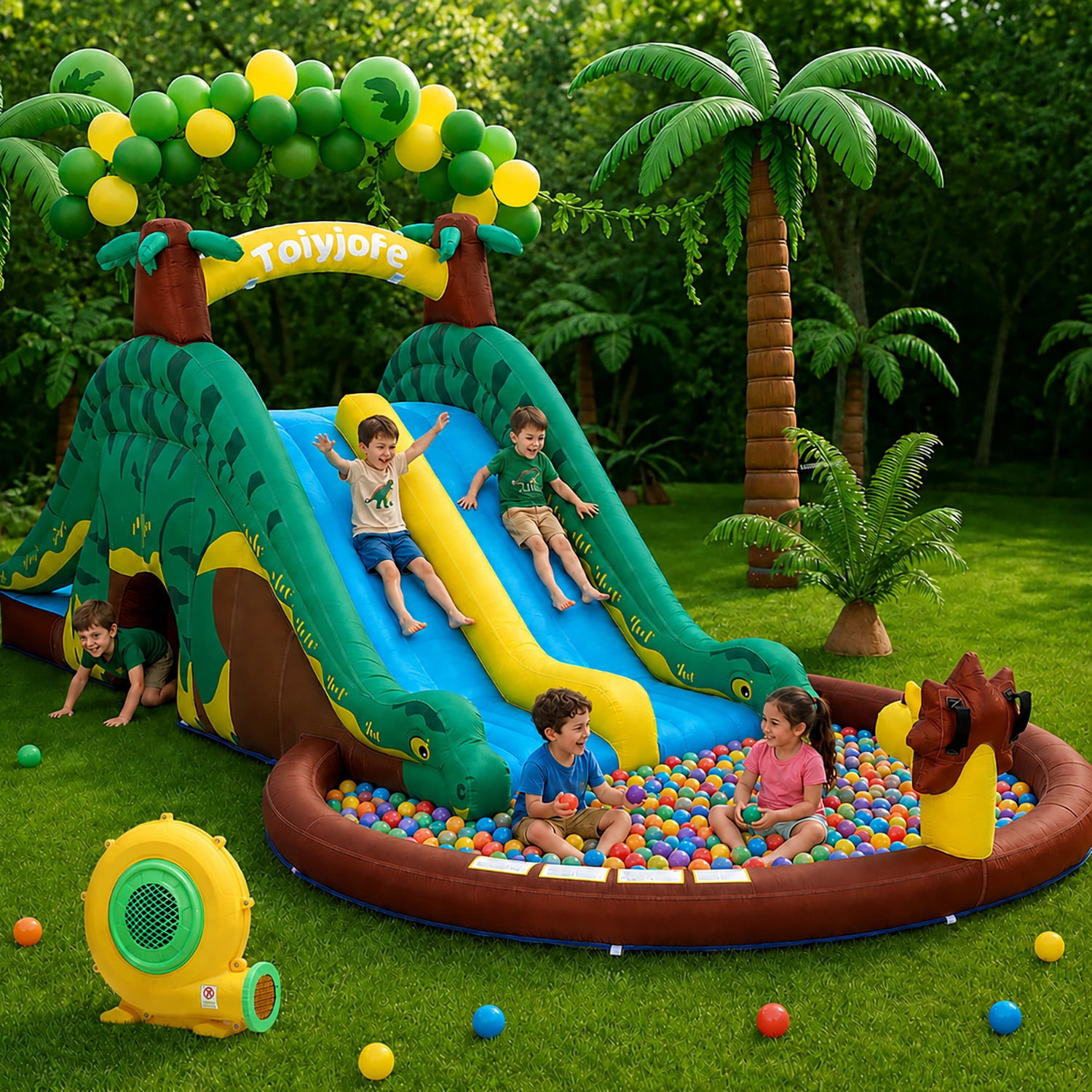 Toiyjofe Dinosaur Inflatable Bounce House Water Slide for Kids, Wet & Dry Indoor Outdoor Play Center with Dual Slides, Ball Pit Area & GFCI Blower