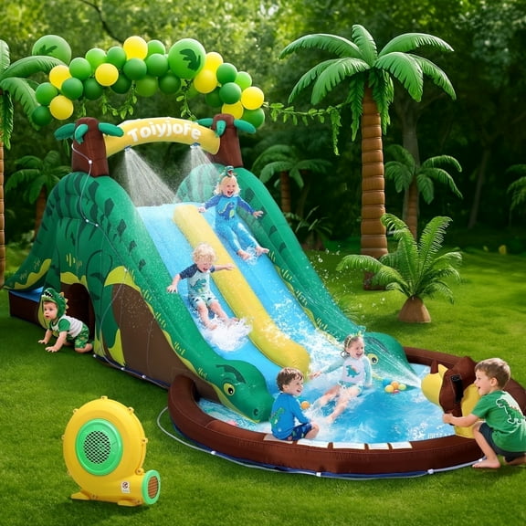 Toiyjofe Dinosaur Adventure Dual Slide Bounce House with Blower, Inflatable Water Slide with Climbing Wall, Outdoor Backyard Play Bouncer for Kids 3-10