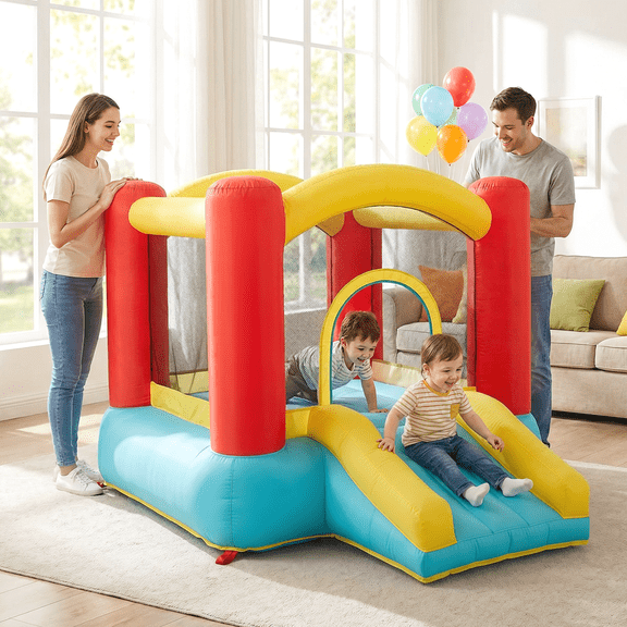 Toiyjofe Toddler Bounce House with Slide, Small Indoor Inflatable Bouncer for Kids Ages 13, Compact Bounce Castle for Playroom, Living Room or Backyard
