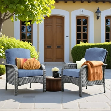Toject 2 Pieces Patio Furniture Set, All-Weather Wicker High Back Outdoor Chairs, Ratten Conversation Set with Cushions for Backyard, Porch, Garden (Denim Blue)