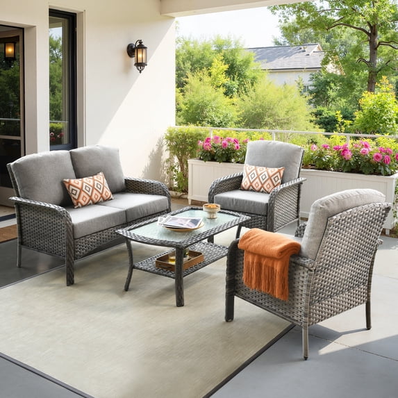 Toject 4 Pieces Patio Furniture Set, All-Weather Wicker Outdoor Furniture Loveseat Table Chairs Set for Porch, High Back Conversation Set for Backyard, Balcony, Dark Gray