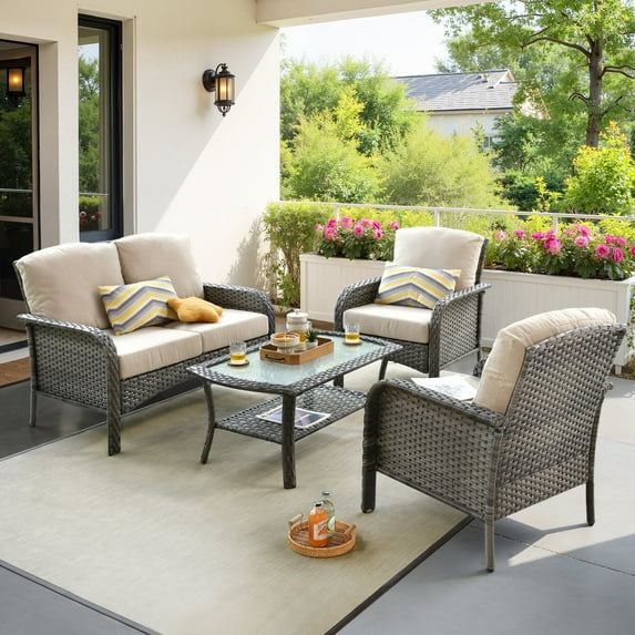 Toject 4 Pieces Patio Furniture Set, All-Weather Wicker Outdoor Furniture Loveseat Table Chairs Set for Porch, High Back Conversation Set for Backyard, Balcony, Beige