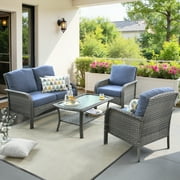 Toject 4 Pieces Patio Furniture Set, All-Weather Wicker Outdoor Furniture Loveseat Table Chairs Set for Porch, High Back Conversation Set for Backyard, Balcony, Denim Blue