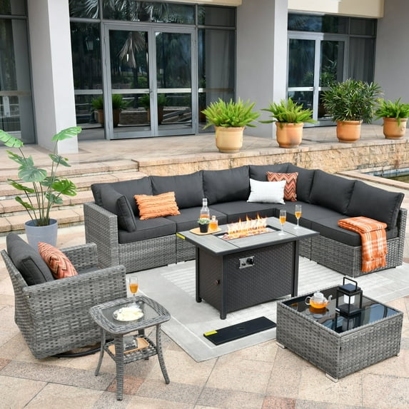 Toject 10 Pcs Paito Furniture Set, Outdoor Furniture Set with Swivel Chairs and Fire Pit (Black)