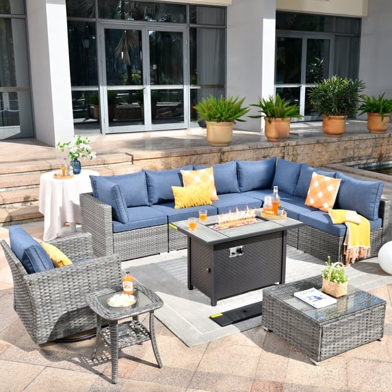 Toject 10 Pieces Outdoor Paito Furniture Set, Outdoor Conversation Sets with Swivel Chairs and Fire Pit Wicker Outside Furniture for Graden Balcony (Denim Blue)