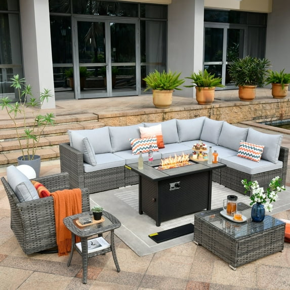 Toject 10 Pcs Paito Furniture Set, Outdoor Furniture Set with Swivel Chairs and Fire Pit (Gray)