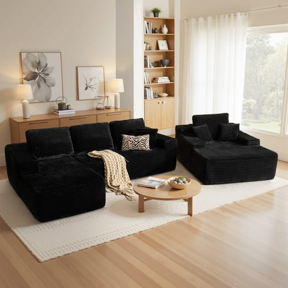 Toject 106" Cloud Sectional Couch with Oversized Chaise Lounge, Modern L-Shaped Sleeper Couch with Reading Chair, No Assembly Required Sofa Couch for Living Room (Black, Plush Corduroy Fabric)