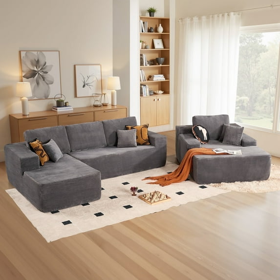 Toject 106" Cloud Sectional Couch with Oversized Chaise Lounge, Modern L-Shaped Sleeper Couch with Reading Chair, No Assembly Required Sofa Couch for Living Room (Gray, Corduroy Fabric)