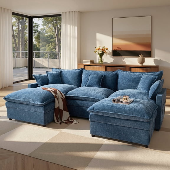 Toject 107.87" Modular Sectional Sofa U Shaped Cloud Couch, Chenille 4 Seat Deep Seat Sofa with 2 Movable Ottomans for Living Room Bedroom Apartment, Blue