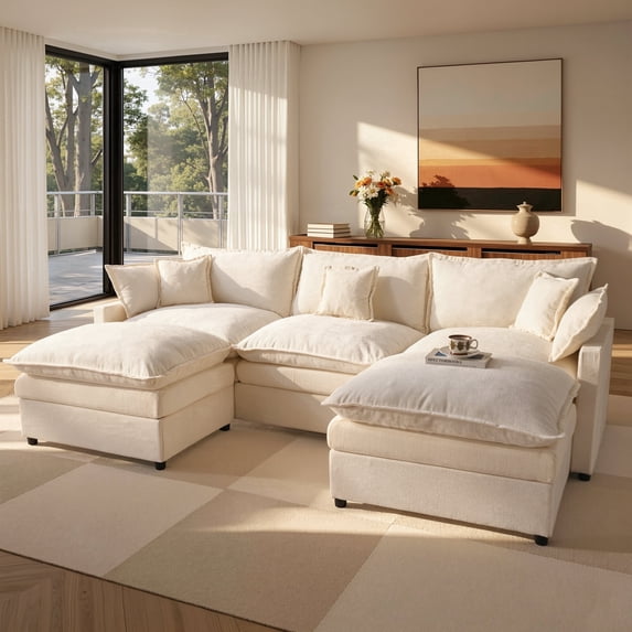 Toject 107.87" Modular Sectional Sofa U Shaped Cloud Couch, Chenille 4 Seat Deep Seat Sofa with 2 Movable Ottomans for Living Room Bedroom Apartment, Cream (Off-White)