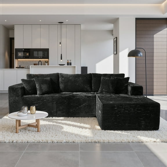 Toject 108" Modular Sectional Sofa, Modern L Shaped Sofa with Chaise Lounge, No Assembly Required Sofa, Comfy Fluffy Couch for Living Room (Black, Plush Corduroy Fabric)