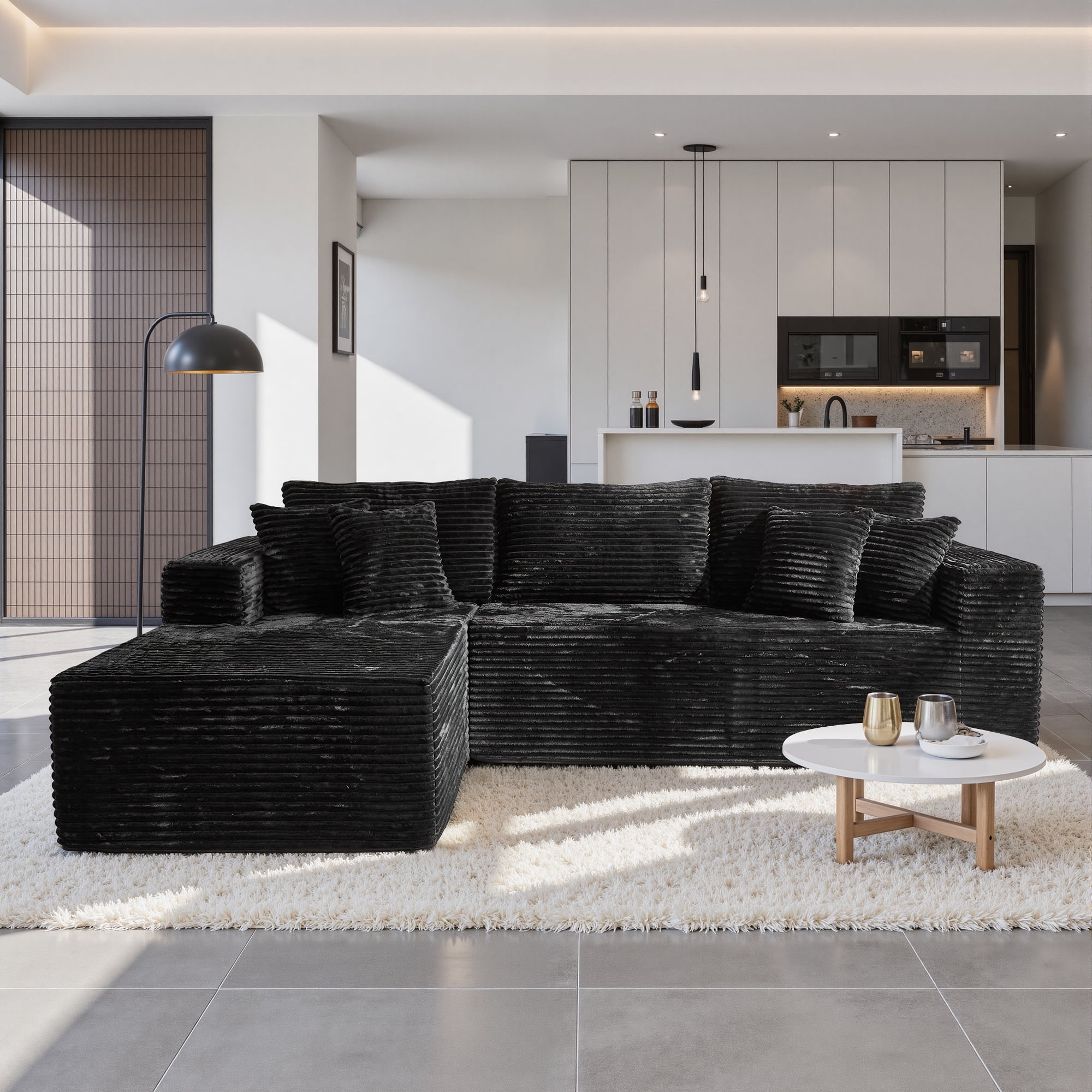 Toject 108" Modular Sectional Sofa, Modern L Shaped Sofa with Chaise Lounge, No Assembly Required Sofa, Comfy Fluffy Couch for Living Room (Black, Plush Corduroy Fabric)