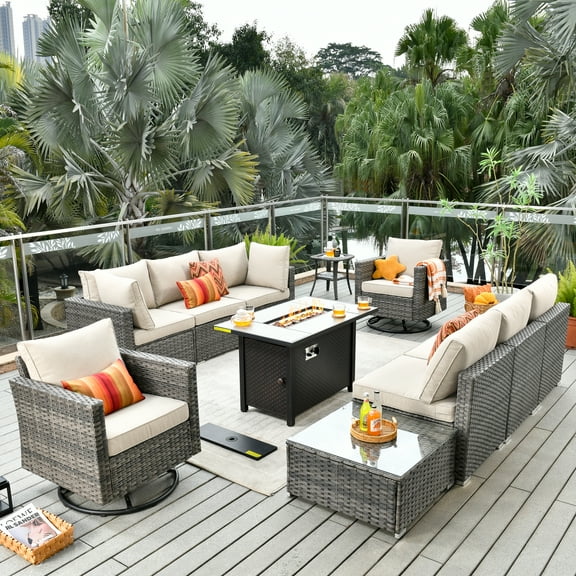 Toject 11 Pcs Paito Furniture Set, Outdoor Furniture Set with Swivel Chairs and Fire Pit (Beige)