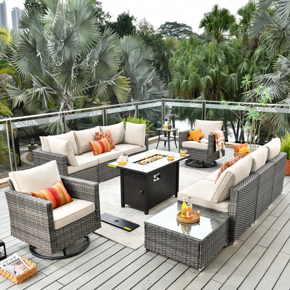 Toject 11 Pieces Outdoor Paito Furniture Set, Outdoor Conversation Sets with Swivel Chairs and Fire Pit Wicker Outside Furniture for Graden Balcony (Beige)