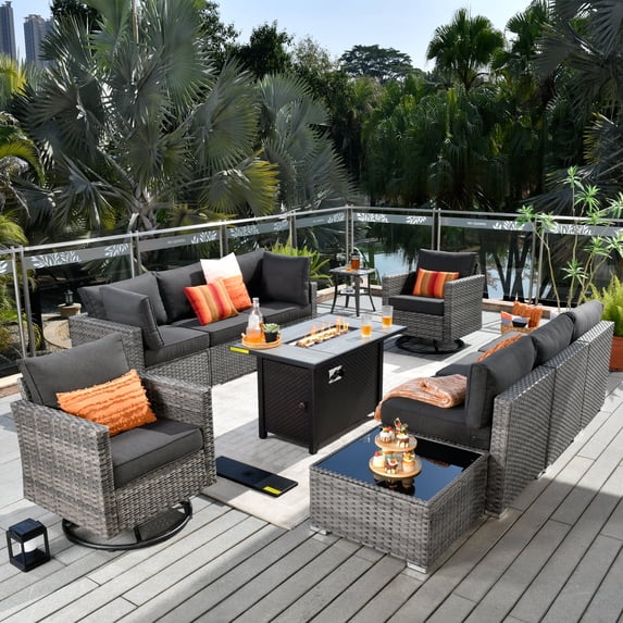 Toject 11 Pieces Outdoor Paito Furniture Set, Outdoor Conversation Sets with Swivel Chairs and Fire Pit Wicker Outside Furniture for Graden Balcony (Black)