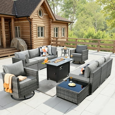 Toject 11 Pcs Paito Furniture Set, Sectional Conversation Set with Fire Pit, Wicker Outdoor Furniture Set with Swivel Chairs for Backyard Garden Lawn (Dark Gray)