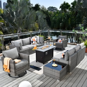Toject 11 Pieces Outdoor Paito Furniture Set, Outdoor Conversation Sets with Swivel Chairs and Fire Pit Wicker Outside Furniture for Graden Balcony (Dark Gray)
