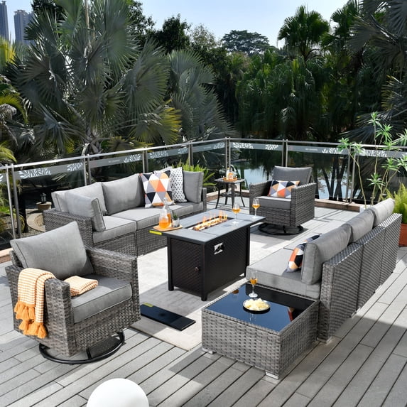Toject 11 Pieces Outdoor Paito Furniture Set, Outdoor Conversation Sets with Swivel Chairs and Fire Pit Wicker Outside Furniture for Graden Balcony (Dark Gray)